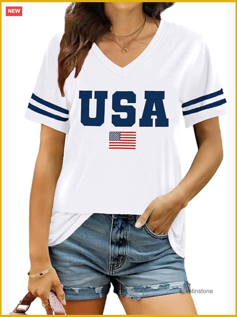 Patriotic American Flag V-Neck Short Sleeve T-Shirt